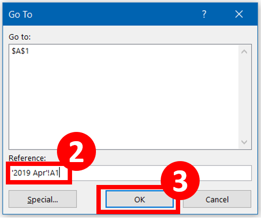 Enter your destination (cell address) in the "Reference: " box 