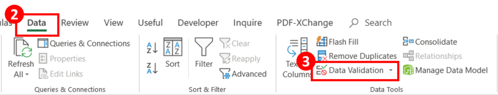 In Data tab, select data validation