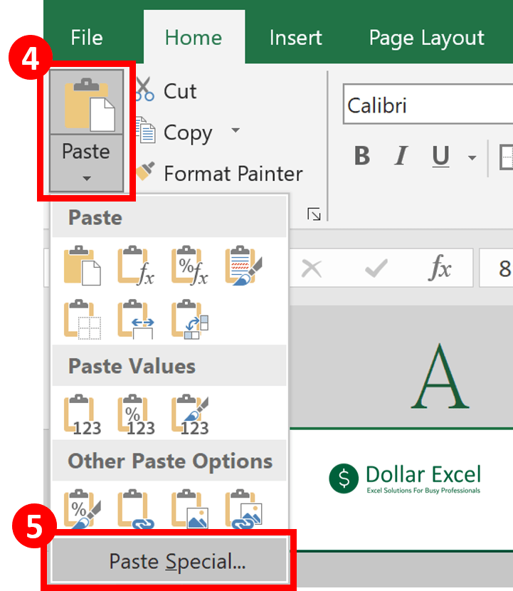 Add Value Directly to Existing Cells in Excel - In Home tab, select Paste, then select Paste Special