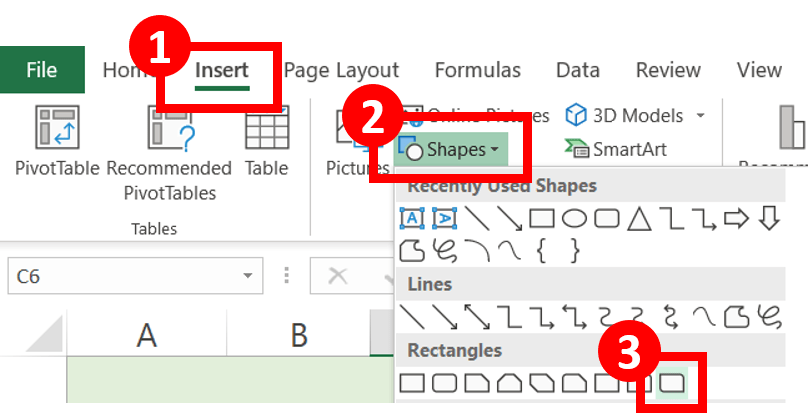 In Insert tab, select Shapes and choose any shape