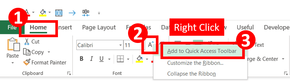 In home tab, right click Increase Font Size and select Add to Quick Access Toolbar