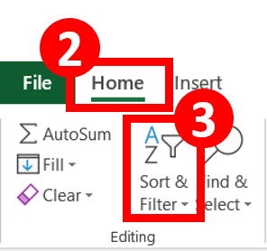 In home tab, select Sort & Filter