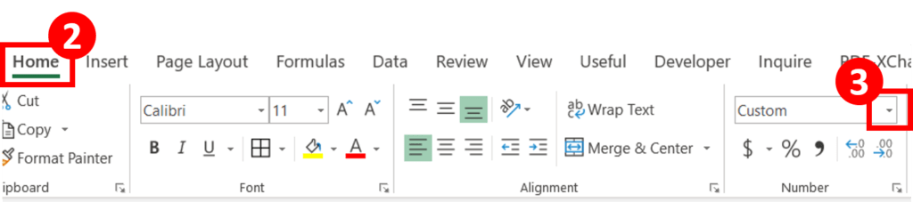 In home tab, select the number formatting triangle