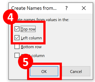 How to Name Multiple Single Cells in Excel - In the "Create Names from Selection" dialog, check the appropriate box and press "OK"