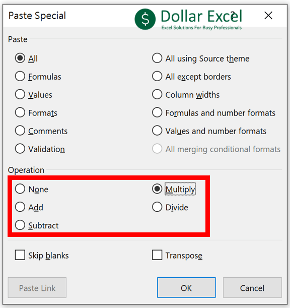 Add Value Directly to Existing Cells - Mathematic operations choices in Paste Special dialog