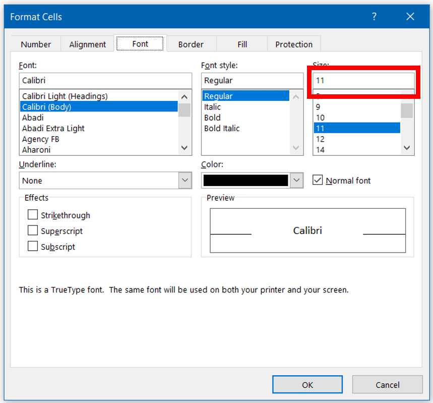 Open the Format Cells dialog and change font size