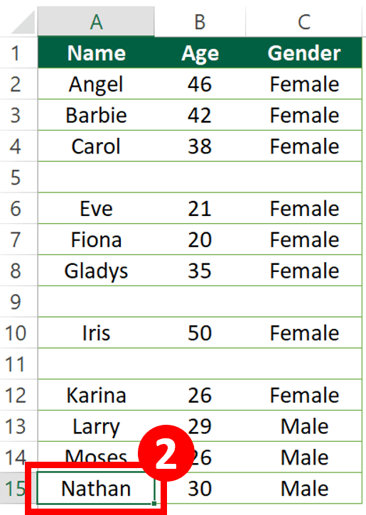 Excel Select Columns/ Rows To End Of Data - Result of option 2 step 2