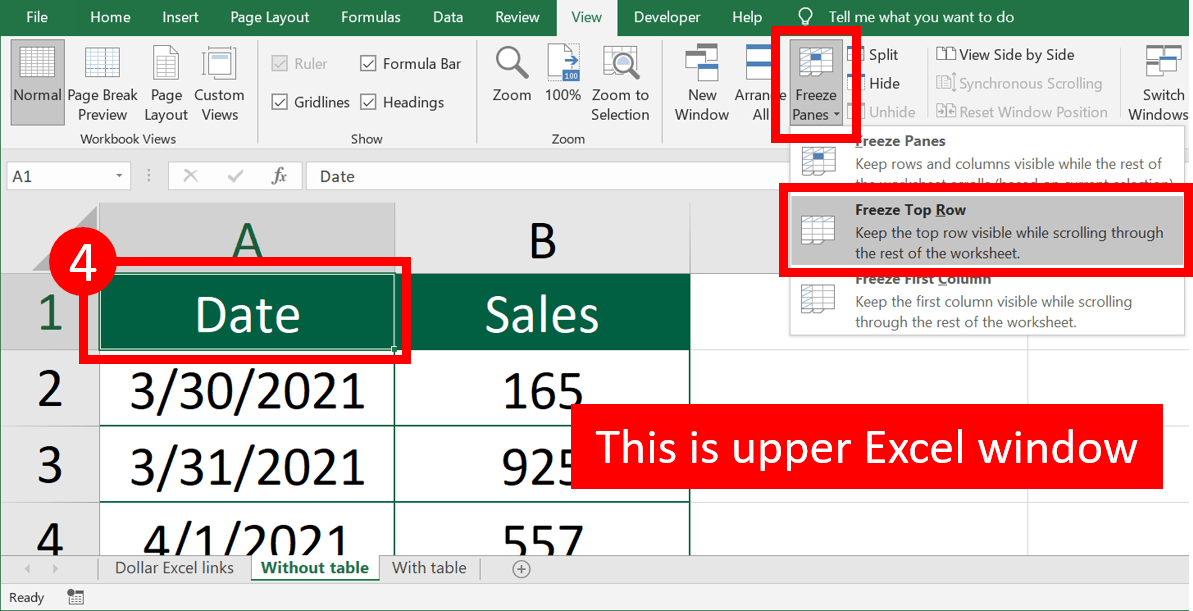 How to freeze top and bottom row at once in Excel