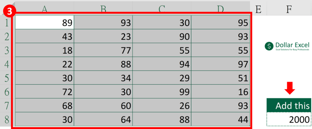 Add Value Directly to Existing Cells in Excel - Select the range