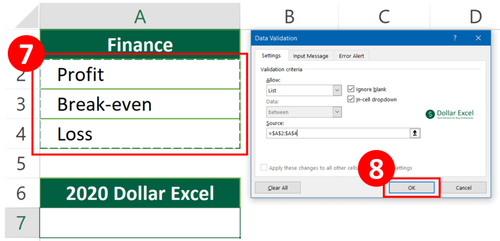 Select the source for data validation and press OK