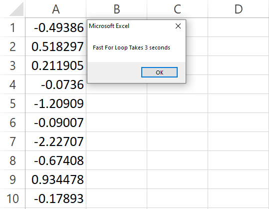 result for using a fast for loop method and requiring only 3 seconds to complete the code