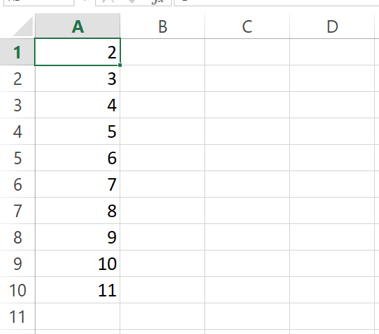 result from a simple for loop writing row number +1 into each cell