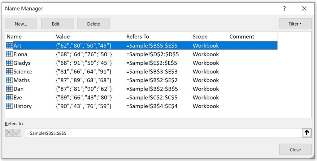 How to Name Multiple Single Cells in Excel - Name Manager dialog