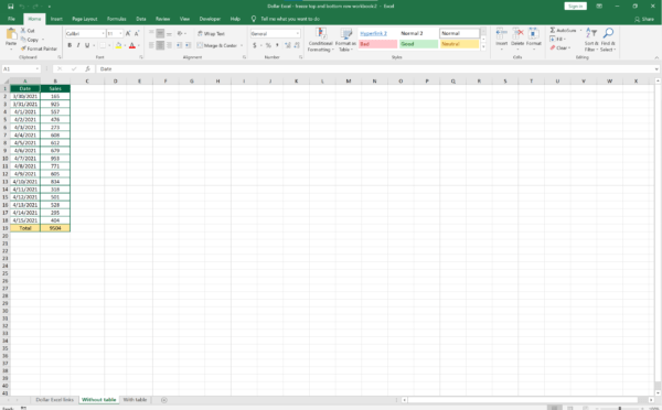 How to freeze top and bottom row at once in Excel