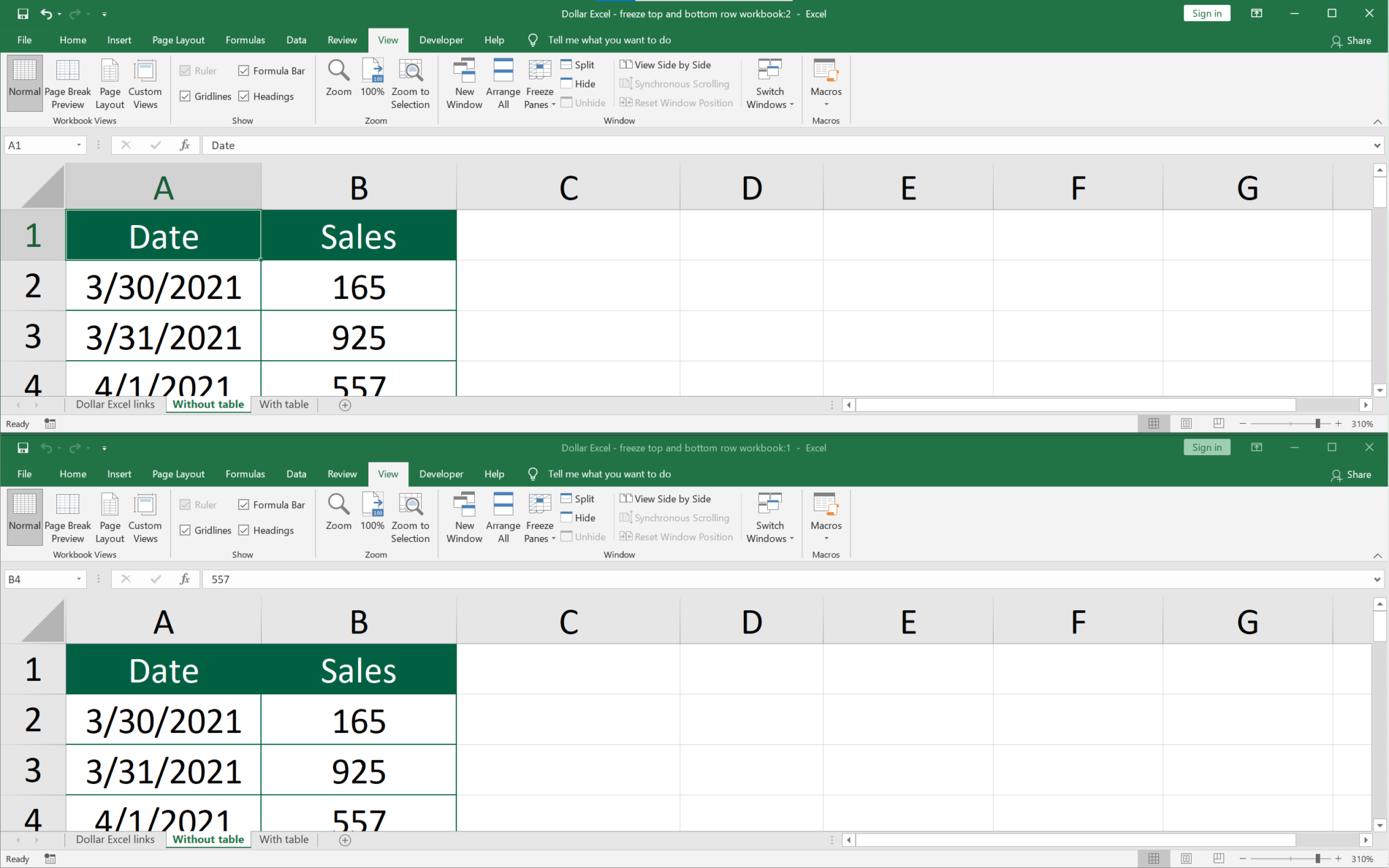 How to freeze top and bottom row at once in Excel