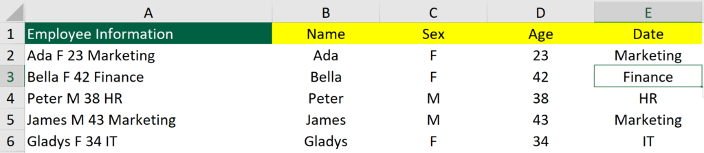 An example of how Ctrl E unconcatenate and split cells into different cells 2