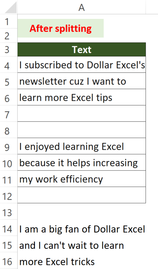 An example of Split Long Text into Short Cell Without Splitting Word (after)