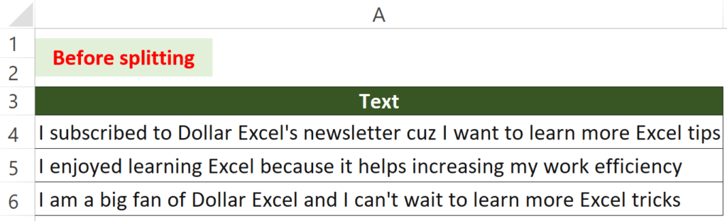 An example of Split Long Text into Short Cell Without Splitting Word (before)