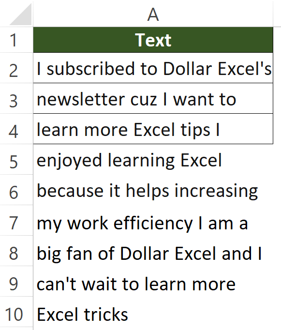 Split long text into shorter cells by Justify result