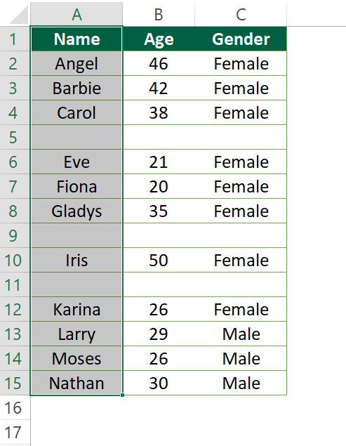 Expected outcome of Excel Select Columns/ Rows To End Of Data